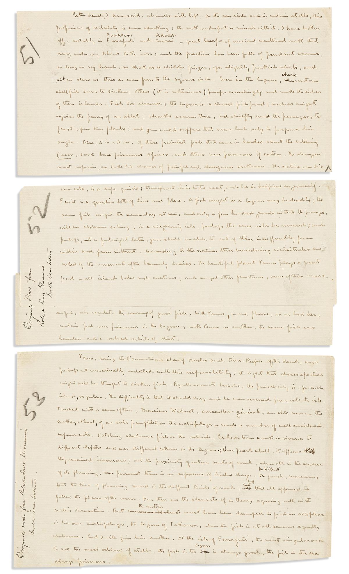 STEVENSON, ROBERT LOUIS. Autograph Manuscript, unsigned, 38-line fragment of original draft of South Sea Letters (first published seria